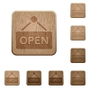 Set of carved wooden open sign buttons. 8 variations included. Arranged layer structure. - Open sign wooden buttons