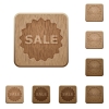 Set of carved wooden sale badge buttons. 8 variations included. Arranged layer structure. - Sale badge wooden buttons