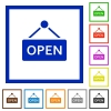 Hanging open sign framed flat icons - Set of color square framed Hanging open sign flat icons on white background