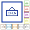 Set of color square framed Open sign flat icons - Open sign framed flat icons