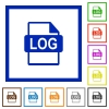 LOG file format framed flat icons - Set of color square framed LOG file format flat icons