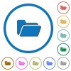 Folder open icons with shadows and outlines - Folder open flat color vector icons with shadows in round outlines on white background