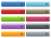 Atom engraved style icons on long, rectangular, glossy color menu buttons. Available copyspaces for menu captions. - Atom icons on color glossy, rectangular menu button