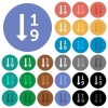 Ascending numbered list multi colored flat icons on round backgrounds. Included white, light and dark icon variations for hover and active status effects, and bonus shades on black backgounds. - Ascending numbered list round flat multi colored icons