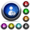 Delete user account icons in round glossy buttons with steel frames - Delete user account round glossy buttons