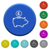 Pound piggy bank beveled buttons - Pound piggy bank round color beveled buttons with smooth surfaces and flat white icons