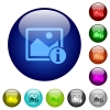 Image info icons on round color glass buttons - Image info color glass buttons