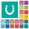 Horseshoe multi colored flat icons on plain square backgrounds. Included white and darker icon variations for hover or active effects. - Horseshoe square flat multi colored icons