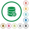 Database macro pause flat icons with outlines - Database macro pause flat color icons in round outlines on white background