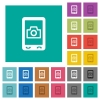 Mobile photography multi colored flat icons on plain square backgrounds. Included white and darker icon variations for hover or active effects. - Mobile photography square flat multi colored icons