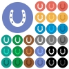 Horseshoe multi colored flat icons on round backgrounds. Included white, light and dark icon variations for hover and active status effects, and bonus shades on black backgounds. - Horseshoe round flat multi colored icons