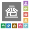 Store front flat icons on simple color square backgrounds - Store front square flat icons