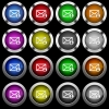 Mail sender white icons in round glossy buttons with steel frames on black background. The buttons are in two different styles and eight colors. - Mail sender white icons in round glossy buttons on black background