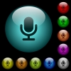 Single microphone icons in color illuminated glass buttons - Single microphone icons in color illuminated spherical glass buttons on black background. Can be used to black or dark templates