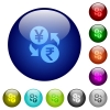 Yen Rupee money exchange color glass buttons - Yen Rupee money exchange icons on round color glass buttons