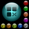 Cut component icons in color illuminated spherical glass buttons on black background. Can be used to black or dark templates - Cut component icons in color illuminated glass buttons