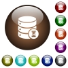 Database working color glass buttons - Database working white icons on round color glass buttons