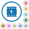 Movie broadcasting icons with shadows and outlines - Movie broadcasting flat color vector icons with shadows in round outlines on white background