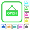 Open sign vivid colored flat icons in curved borders on white background - Open sign vivid colored flat icons