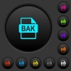 BAK file format dark push buttons with vivid color icons on dark grey background - BAK file format dark push buttons with color icons