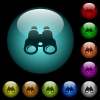 Binoculars icons in color illuminated spherical glass buttons on black background. Can be used to black or dark templates - Binoculars icons in color illuminated glass buttons