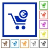 Checkout with Euro cart flat framed icons - Checkout with Euro cart flat color icons in square frames on white background