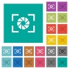 Camera aperture setting multi colored flat icons on plain square backgrounds. Included white and darker icon variations for hover or active effects. - Camera aperture setting square flat multi colored icons