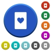 Heart card symbol beveled buttons - Heart card symbol round color beveled buttons with smooth surfaces and flat white icons