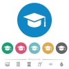 Graduation cap flat white icons on round color backgrounds. 6 bonus icons included. - Graduation cap flat round icons