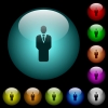 Businessman silhouette icons in color illuminated spherical glass buttons on black background. Can be used to black or dark templates - Businessman silhouette icons in color illuminated glass buttons