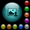 Image watermark icons in color illuminated spherical glass buttons on black background. Can be used to black or dark templates - Image watermark icons in color illuminated glass buttons