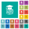 Graduation cap with books multi colored flat icons on plain square backgrounds. Included white and darker icon variations for hover or active effects. - Graduation cap with books square flat multi colored icons