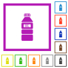 Water bottle with label flat color icons in square frames on white background - Water bottle with label flat framed icons