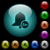 Reminder snooze icons in color illuminated spherical glass buttons on black background. Can be used to black or dark templates - Reminder snooze icons in color illuminated glass buttons