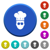Chef with glasses round color beveled buttons with smooth surfaces and flat white icons - Chef with glasses beveled buttons