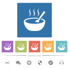 Steaming bowl of soup with spoon flat white icons in square backgrounds. 6 bonus icons included. - Steaming bowl of soup with spoon flat white icons in square backgrounds