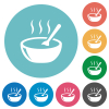 Glossy steaming bowl of soup with spoon flat round icons - Glossy steaming bowl of soup with spoon flat white icons on round color backgrounds