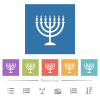 Menorah with burning candles flat white icons in square backgrounds. 6 bonus icons included. - Menorah with burning candles flat white icons in square backgrounds