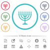 Menorah with burning candles flat color icons in circle shape outlines. 12 bonus icons included. - Menorah with burning candles flat color icons in circle shape outlines