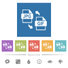 JPG GIF file conversion flat white icons in square backgrounds. 6 bonus icons included. - JPG GIF file conversion flat white icons in square backgrounds