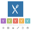 Fork and knife in crossed position flat white icons in square backgrounds. 6 bonus icons included. - Fork and knife in crossed position flat white icons in square backgrounds