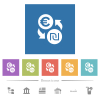 Euro new Shekel money exchange flat white icons in square backgrounds - Euro new Shekel money exchange flat white icons in square backgrounds. 6 bonus icons included.