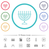 Menorah with burning candles flat color icons in circle shape outlines - Menorah with burning candles flat color icons in circle shape outlines. 12 bonus icons included.