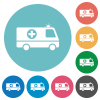 Flashing ambulance car side view flat white icons on round color backgrounds - Flashing ambulance car side view flat round icons