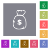 Dollar money bag outline square flat icons - Dollar money bag outline flat icons on simple color square backgrounds