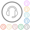 Headset with microphone flat icons with outlines - Headset with microphone flat color icons in round outlines on white background