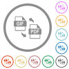 GIF PDF file conversion flat icons with outlines - GIF PDF file conversion flat color icons in round outlines on white background