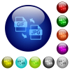 GIF JPG file conversion icons on round glass buttons in multiple colors. Arranged layer structure - GIF JPG file conversion color glass buttons