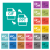 GIF PPT file conversion square flat multi colored icons - GIF PPT file conversion multi colored flat icons on plain square backgrounds. Included white and darker icon variations for hover or active effects.