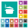 Steaming pot with lid square flat multi colored icons - Steaming pot with lid multi colored flat icons on plain square backgrounds. Included white and darker icon variations for hover or active effects.